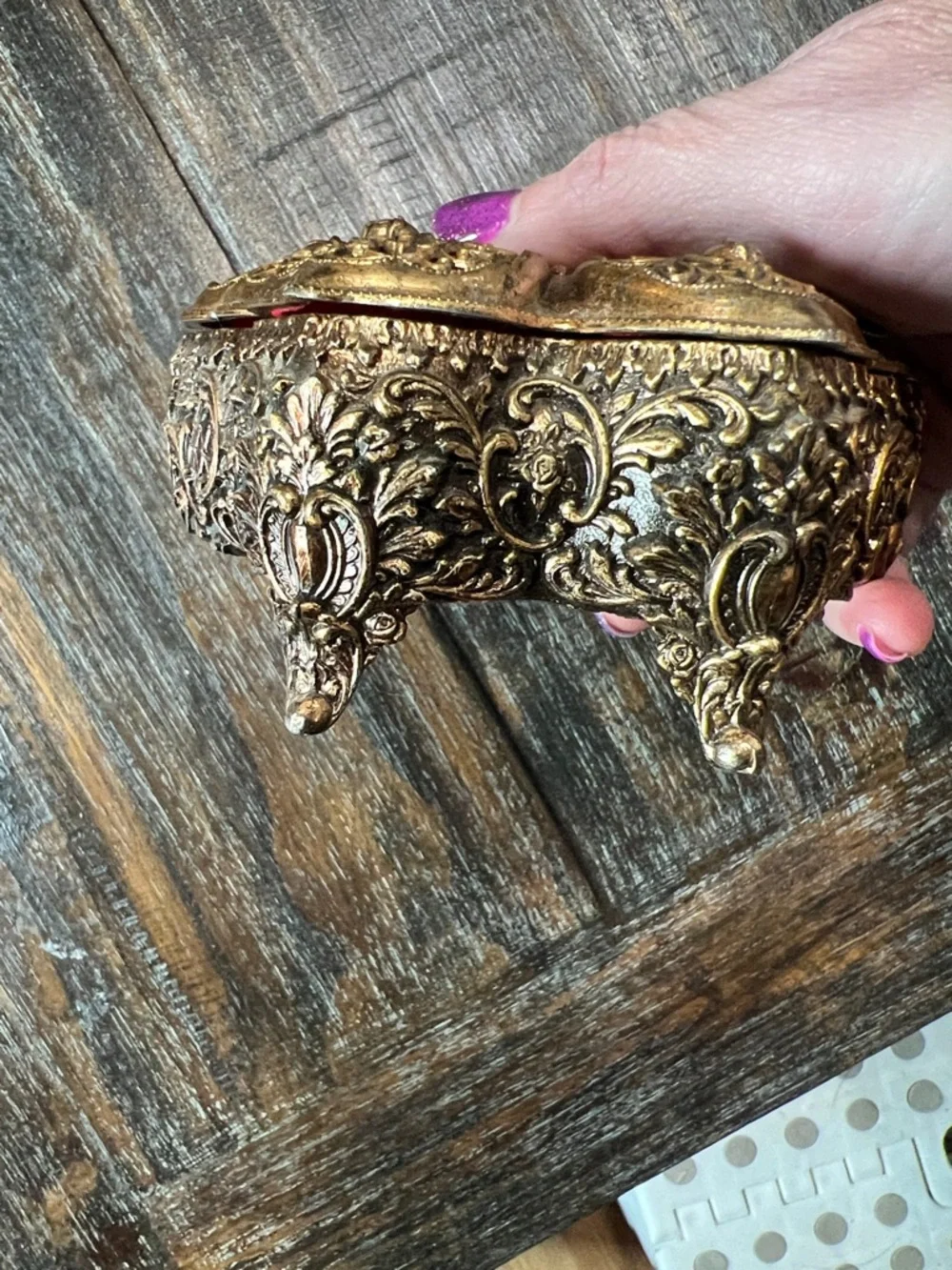 Ornate Butterfly Filigree Trinket Box in Antique Gold and Red Vintage